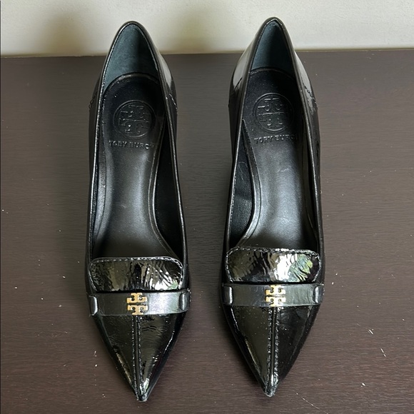 Tory Burch Eliza Pumps Black Kitten Heels Leather Point Toe Career Designer Sz 5 - Picture 2 of 10